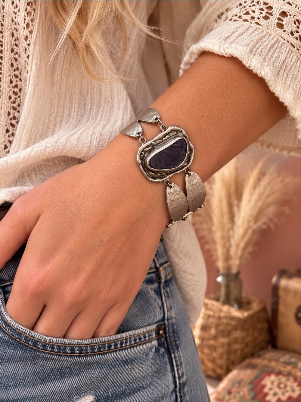 Handcrafted 925 Sterling Silver Bracelet with Dark Blue Stone Boho Aesthetic